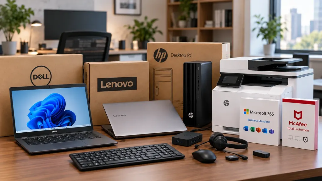 Laptops Dell y Lenovo, PC HP, impresora multifunción, teclado, mouse, audífonos y licencias de Microsoft 365 y antivirus sobre un escritorio de oficina