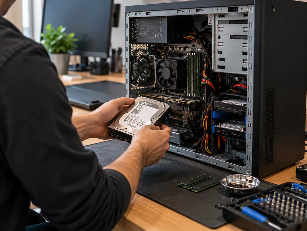 Técnico reemplazando el disco duro de una computadora de escritorio abierta, con memorias RAM y herramientas sobre la mesa