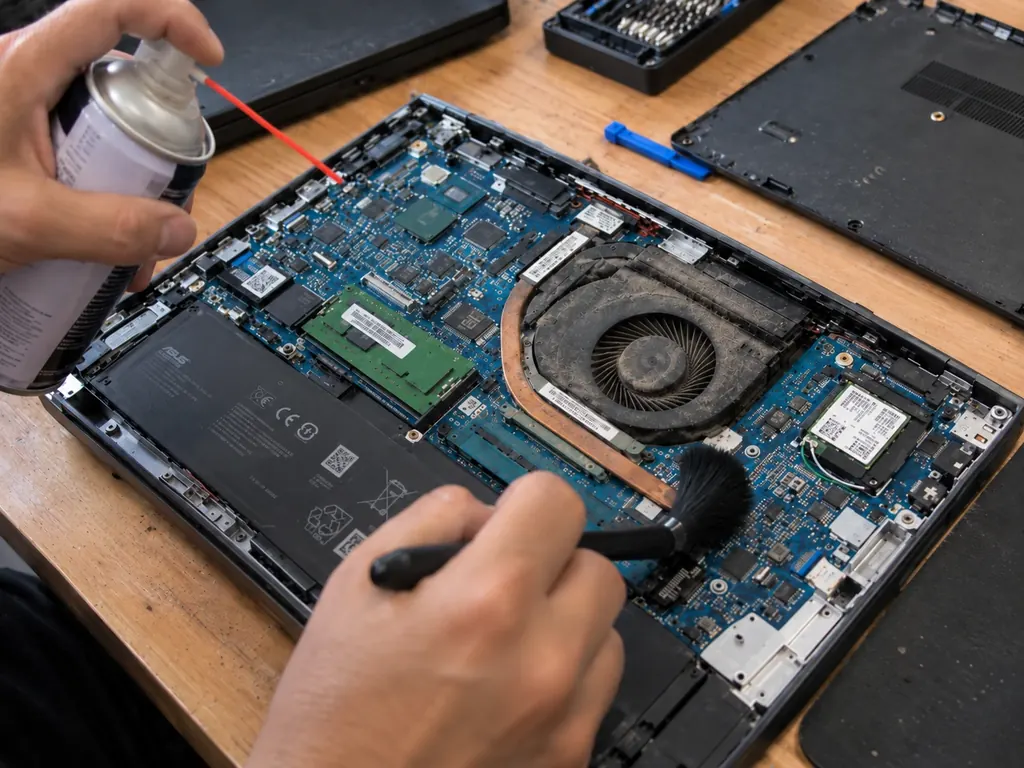 Limpieza interna de una laptop abierta con brocha y aire comprimido, retirando el polvo del ventilador