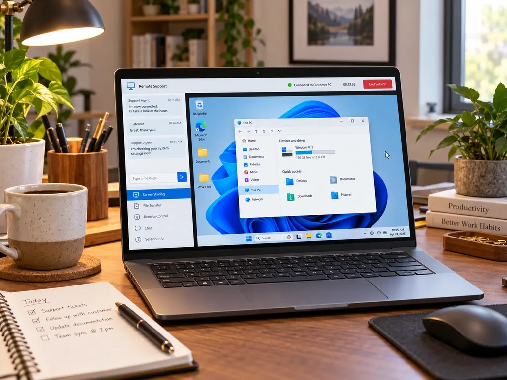 Laptop en un escritorio de casa con una sesión de soporte remoto abierta: chat con el técnico y el escritorio del equipo compartido en pantalla