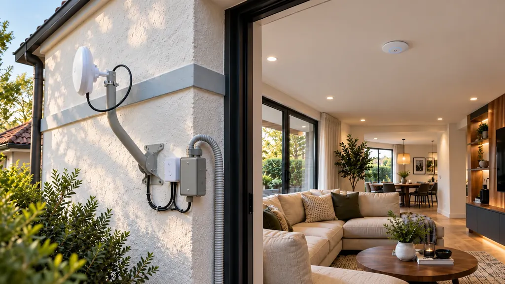 Antena Wi-Fi exterior montada en la fachada de una casa y punto de acceso en el techo de la sala, para cubrir toda la vivienda
